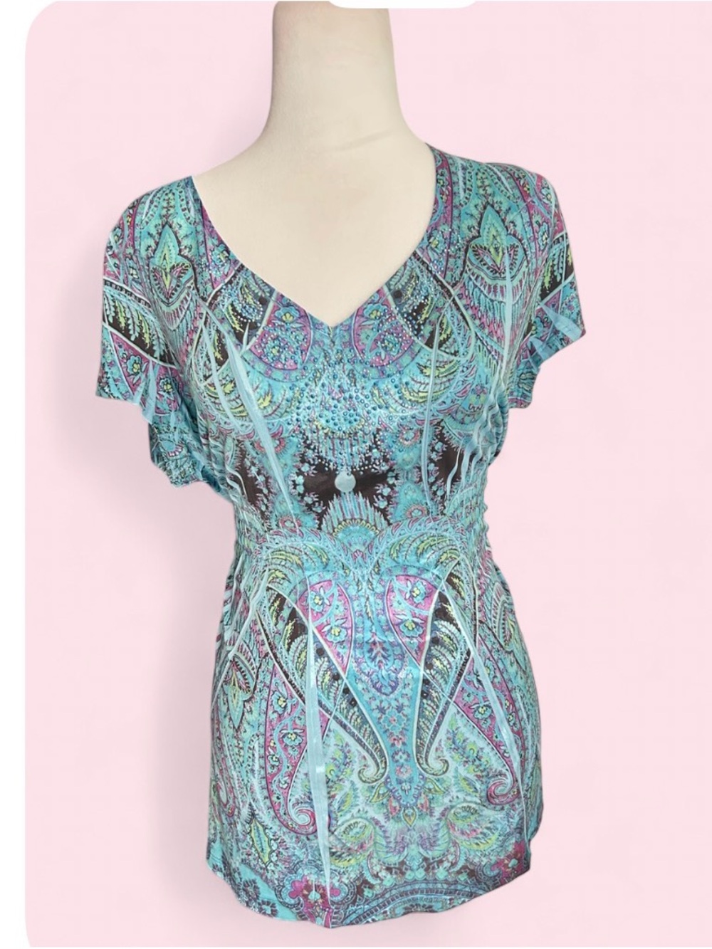 Covington Plus Size Aqua & Purple Paisley V-Neck Tunic with Rhinestones - XL